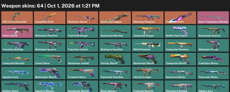 Valorant account inventory for LVL 267 · Composite Knife & RGX 11z Pro Karambit & Transition Knife