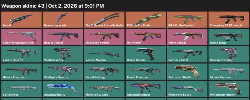 Valorant account inventory for LVL 67 · Reaver Karambit & RGX 11z Pro Blade