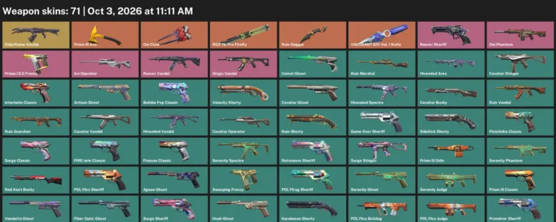 Valorant account inventory for LVL 327 · Ruin Dagger & Valorant GO! Vol. 1 Knife & 71 Skins Ruin Dagger