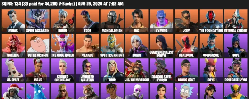 Fortnite account inventory for LVL 1937 - Midas - Spire Assassin - 134 Outfits