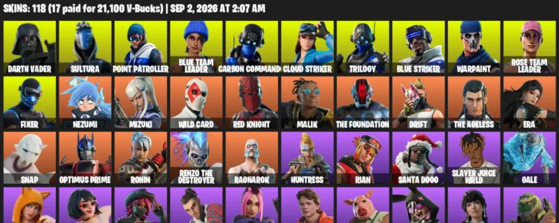 Fortnite account inventory for LVL 2474 - Darth Vader - Sultura - 118 Outfits