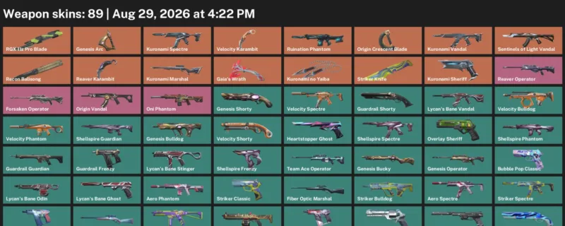 Valorant account inventory for LVL 256 · Reaver Karambit & RGX 11z Pro Blade