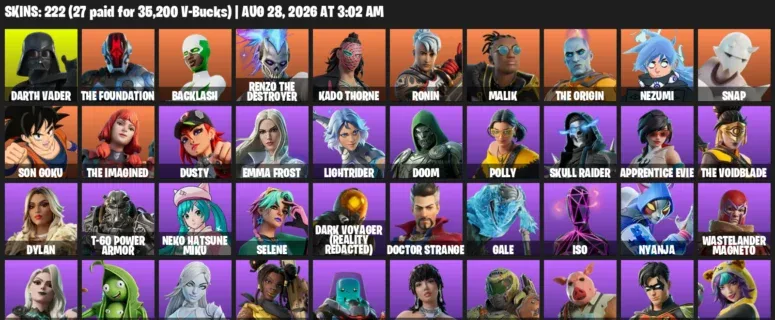 Fortnite account inventory for LVL 2030 - Darth Vader - The Foundation - 222 Outfits