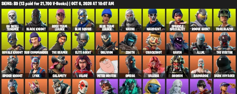 Fortnite account inventory for OG Skull Trooper - Black Knight - 89 Outfits