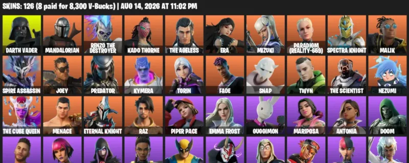 Fortnite account inventory for LVL 3044 - Darth Vader - Mandalorian - 126 Outfits