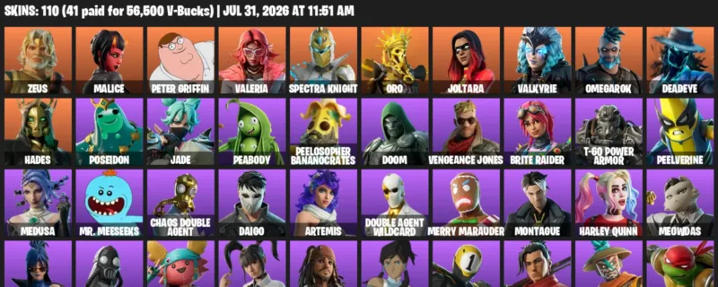 Fortnite Accounts listing: LVL 896 - Zeus - Malice - 110 Outfits - 110 outfits