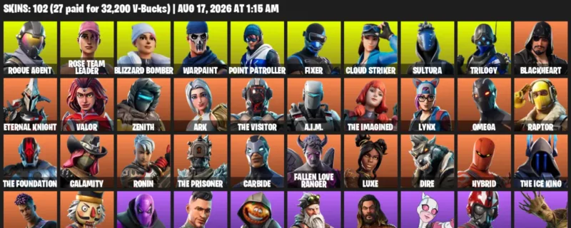 Fortnite account inventory for LVL 1576 - Rogue Agent - Rose Team Leader - 102 Outfits