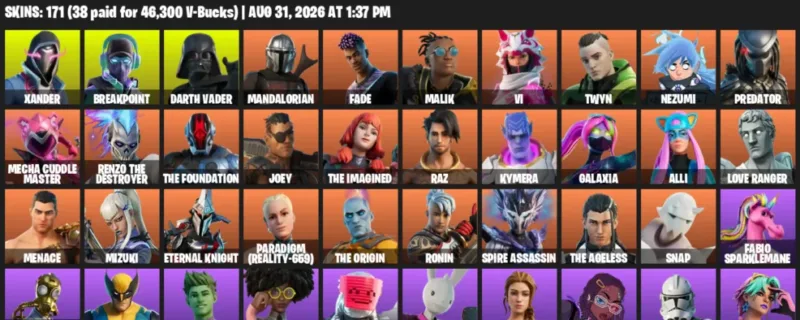 Fortnite account inventory for LVL 2211 - Xander - Breakpoint - 171 Outfits