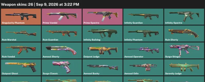 Valorant account inventory for LVL 56 · Infinity Phantom & Aerosol Operator