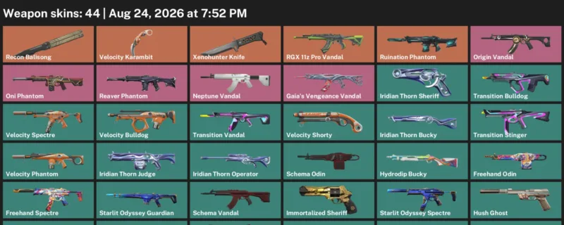 Valorant account inventory for LVL 128 · Velocity Karambit & Xenohunter Knife