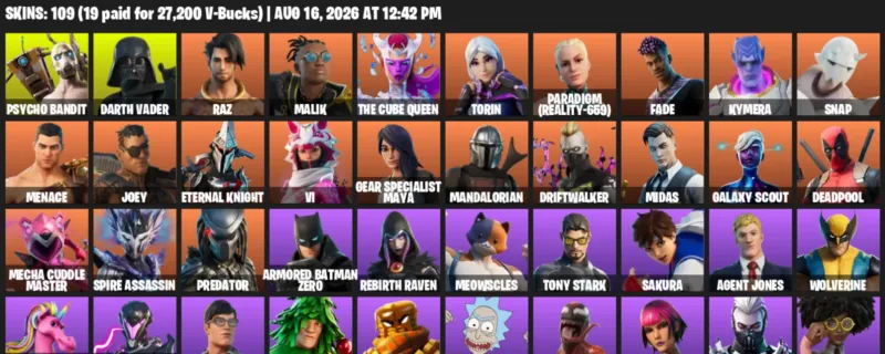 Fortnite account inventory for LVL 1481 - Psycho Bandit - Darth Vader - 109 Outfits
