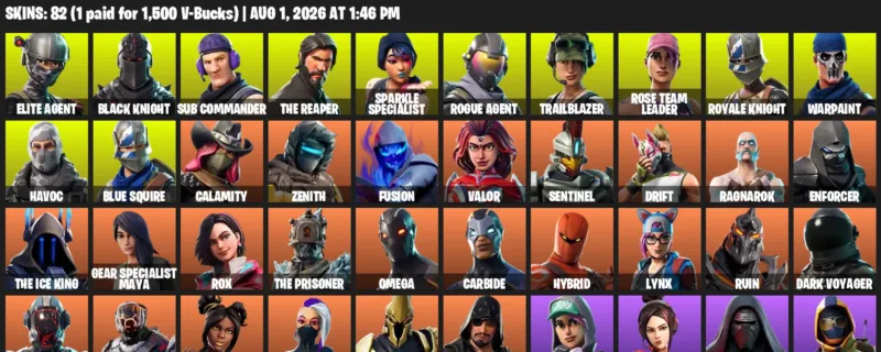 Fortnite account inventory for LVL 930 - Elite Agent - Black Knight - 82 Outfits