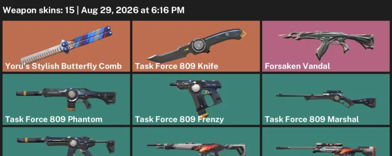 Valorant account inventory for LVL 61 · Forsaken Vandal & 15 Skins Task Force 809 Knife