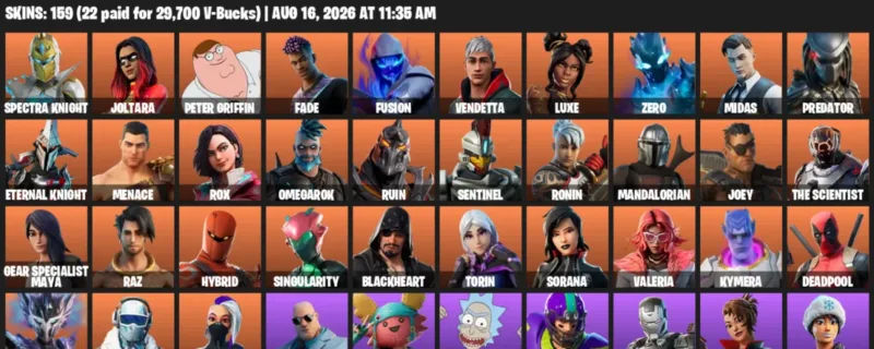 Fortnite account inventory for LVL 2741 - Spectra Knight - Joltara - 159 Outfits