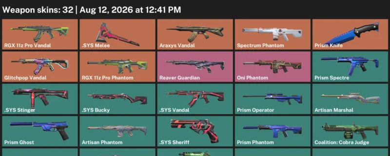Valorant account inventory for LVL 44 · Araxys Vandal & Prism Knife