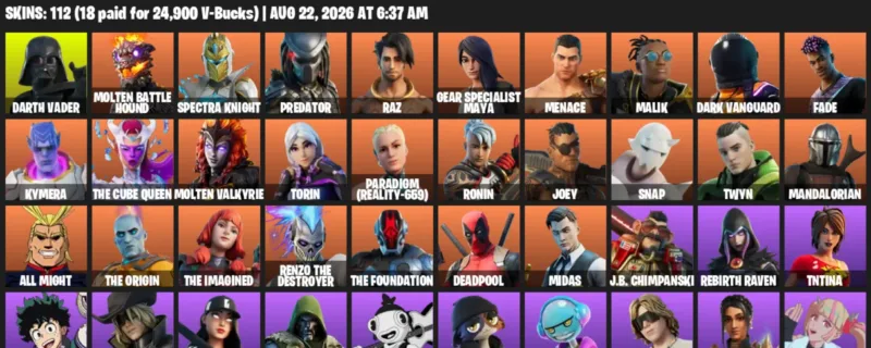 Fortnite account inventory for LVL 1306 - Darth Vader - Molten Battle Hound - 112 Outfits