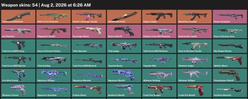 Valorant account inventory for LVL 171 · XerØFang Knife & 54 Skins Task Force 809 Knife