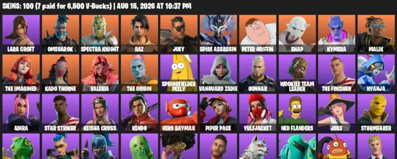 Fortnite account inventory for LVL 3536 - Lara Croft - Omegarok - 100 Outfits