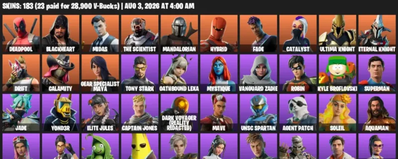 Fortnite account inventory for LVL 3593 - Deadpool - Blackheart - 183 Outfits