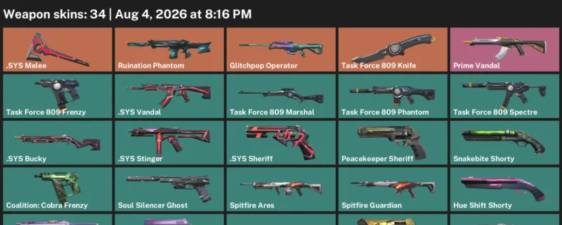 Valorant account inventory for LVL 98 · Task Force 809 Knife & Sys Vandal