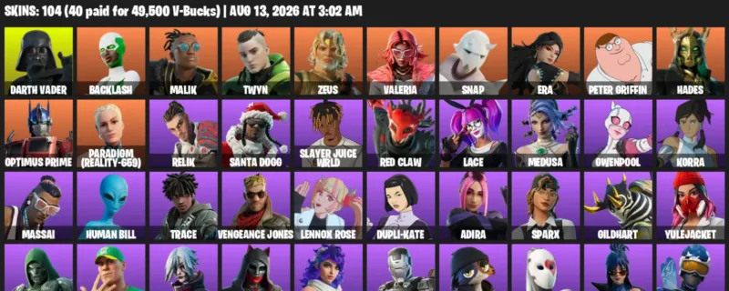 Fortnite account inventory for LVL 2290 - Darth Vader - Backlash - 104 Outfits