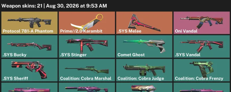 Valorant account inventory for LVL 156 · 2.0 Karambit & Sys Vandal