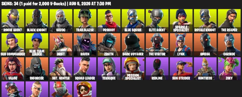 Fortnite account inventory for LVL 346 - Rogue Agent - Black Knight - 34 Outfits