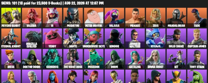 Fortnite account inventory for LVL 1179 - Psycho Bandit - Valeria - 101 Outfits