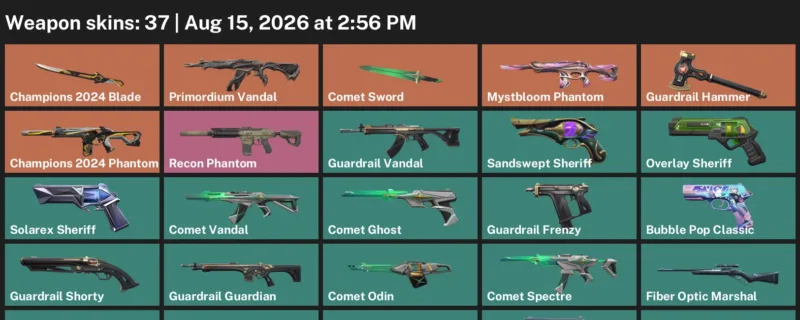 Valorant account inventory for LVL 158 · 37 Skins Champions 2024 Blade