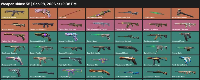 Valorant account inventory for LVL 138 · Araxys Operator & Sandswept Dagger