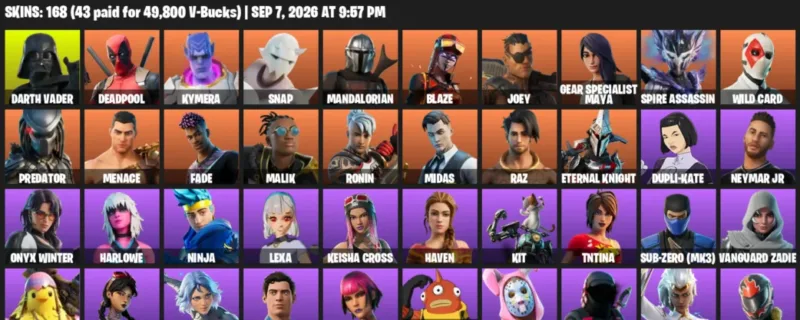Fortnite account inventory for LVL 3888 - Darth Vader - Deadpool - 168 Outfits
