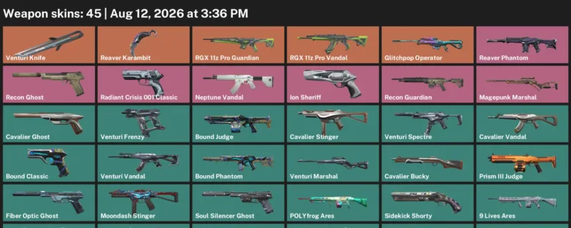 Valorant account inventory for LVL 128 · Reaver Karambit & Venturi Knife & 45 Skins Reaver Karambit