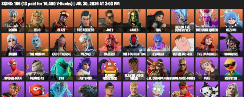 Fortnite Accounts listing: LVL 2564 - Ronin - Zeus - 156 Outfits - 156 outfits