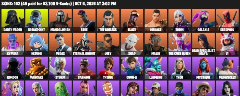 Fortnite account inventory for Darth Vader - Breakpoint - 120 Outfits