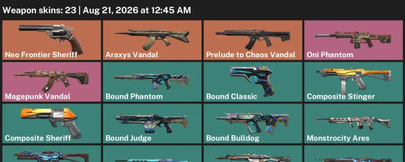 Valorant account inventory for LVL 42 · 23 Skins Araxys Vandal & Araxys Vandal & Blush Frenzy