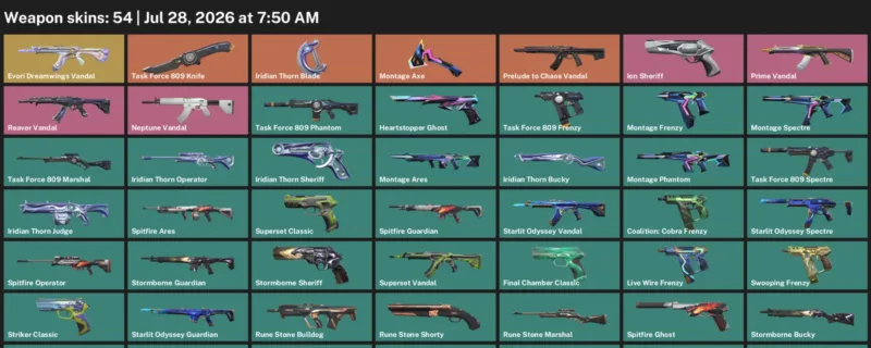 Valorant Accounts listing: LVL 240 · Iridian Thorn Blade & Task Force 809 Knife · 54 Skins - Silver 1, 54 skins