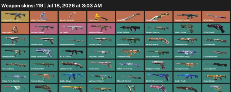 Valorant Accounts listing: LVL 279 · Iridian Thorn Blade & K/TAC Blade · 119 Skins - Silver 2, 119 skins