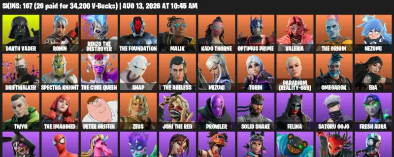 Fortnite account inventory for LVL 2209 - Darth Vader - Ronin - 167 Outfits