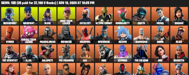 Fortnite account inventory for LVL 1801 - Breakpoint - Warpaint - 188 Outfits