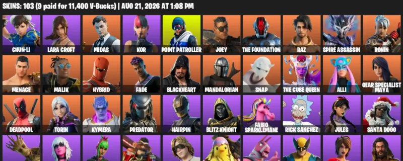 Fortnite account inventory for LVL 2761 - Chun-Li - Lara Croft - 103 Outfits
