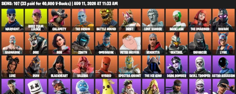 Fortnite account inventory for LVL 1810 - Warpaint - Rose Team Leader - 107 Outfits