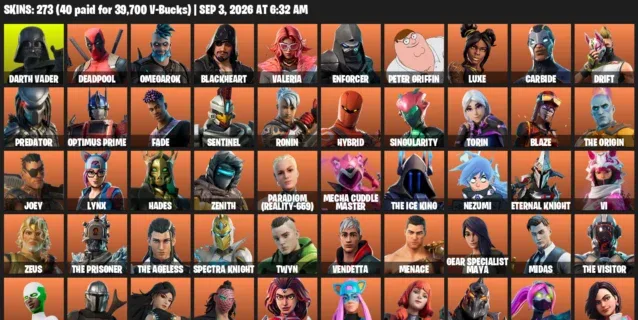 Fortnite account inventory for LVL 4066 - Darth Vader - Deadpool - 273 Outfits