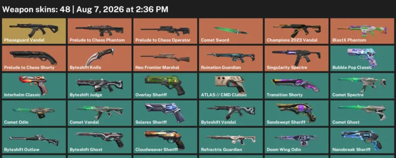 Valorant account inventory for LVL 288 · 48 Skins Byteshift Knife & Byteshift Knife & Comet Sword