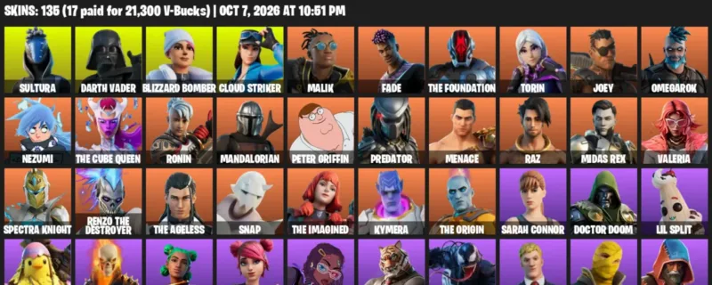Fortnite account inventory for Sultura - Darth Vader - 120 Outfits