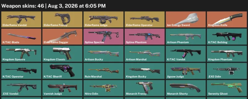 Valorant account inventory for LVL 86 · Elderflame Dagger & Ion Energy Sword
