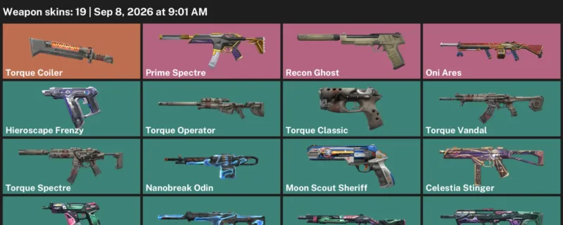 Valorant account inventory for LVL 26 · Moon Scout Sheriff & Nanobreak Judge