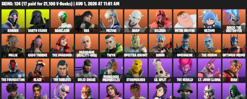 Fortnite account inventory for LVL 2075 - Xander - Darth Vader - 124 Outfits