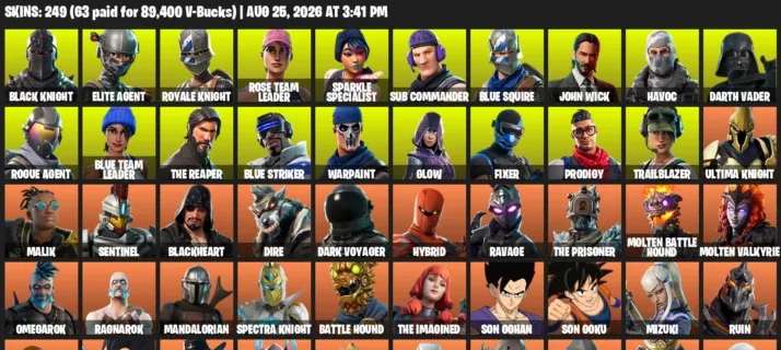 Fortnite account inventory for LVL 2125 - Black Knight - Elite Agent - 249 Outfits
