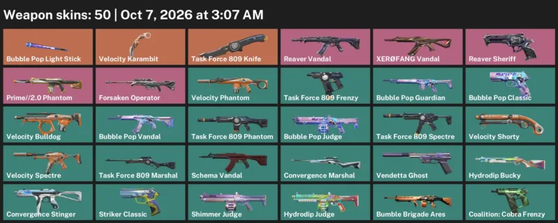 Valorant account inventory for LVL 161 · Velocity Karambit & 50 Skins Task Force 809 Knife