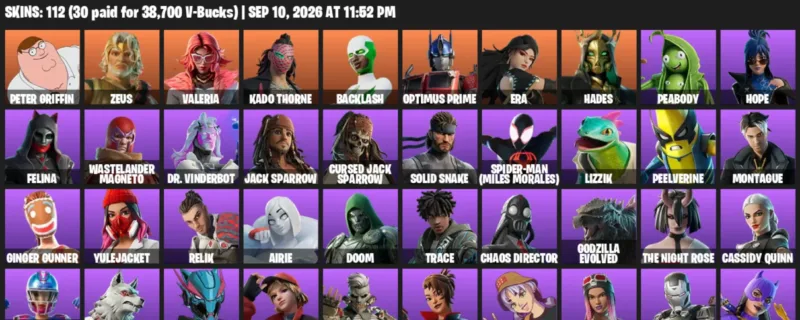 Fortnite account inventory for LVL 2151 - Peter Griffin - Zeus - 112 Outfits